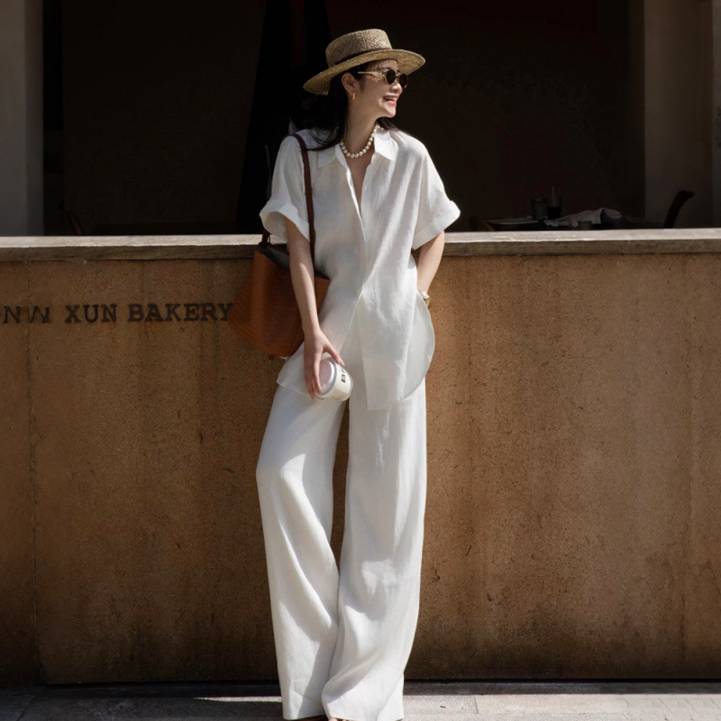 In-Stock 2026 Summer New Casual Breathable Fashion Set for Women, Natural Linen Shirt and Wide-Leg Pants Stylish Two-Piece Set