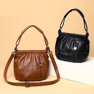 Soft Leather Bag Crossbody Bag 2024 New Mom Bag Large Capacity Satchel Shoulder Bucket Bag Casual Women's Bag Pleated Bag