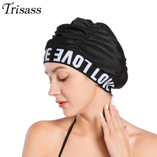 Trisass 2023 New Women's Swimming Cap Long Hair Cap Pleated Cap Stretch Solid Color Cloth Cap Not Waterproof