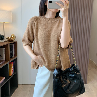 Casual BrighT Silk Round Neck Loose SilhoueTTe Slim EleganT Work CloThing Five-quarTer Sleeve KniTwear T Top 018