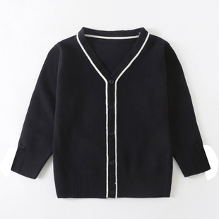Children's knitwear college style spring and autumn cardigan primary and secondary school students navy blue school uniform jacket solid color boys and girls sweater