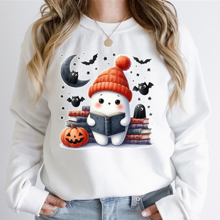 Women's Halloween Hoodless Sweatshirts Funny Books Ghost Gra