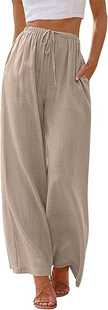 2025 Amazon women's linen summer wide leg pants elegant wide leg beach pants elastic belt pocket wholesale