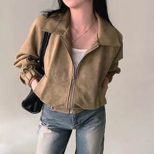 South Korea Chic Autumn French Vintage Lapel Zipper Suede Loose All-match Long-sleeved Short Jacket Coat