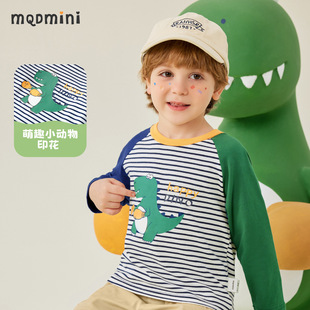 MQDmini Children's Wear Boys Long-sleeved T-shirt 2024 New Autumn Dress Children's Baby Contrast Color Striped Stitching Top