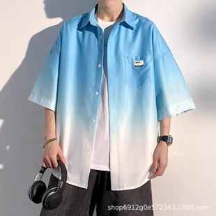 Trendy Gradient Short-Sleeved Shirts for Men in Spring, Autumn and Summer Ice Silk Casual Men's Trendy Boys' Short-Sleeved Shirts and Jackets