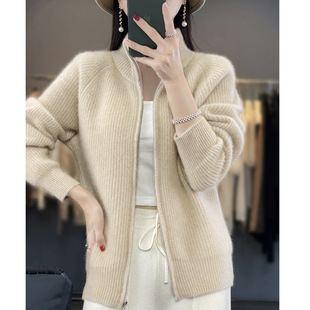 2024 autumn and winter new ladies stand collar pure wool sweater zipper cardigan short base shirt western style coat