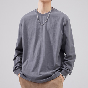 Heavy Cotton Solid Color Long Sleeve T-shirt Men's Spring and Autumn 2024 New American Style Sweater Loose Teenager Base Shirt