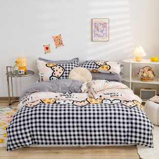 Simple Style Sanding Aloe Cotton Bed Four-piece Set Student Dormitory Three-piece Set Men's Plaid Striped Bed Sheet Quilt Cover