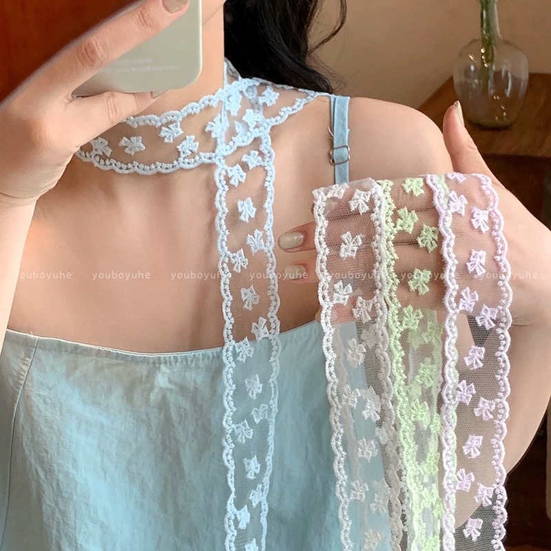 Oxygen Girly Bow Lace Hollow Silk Scarf Narrow Long Scarf Tie Neck Tie Hair Scarf Ribbon Belt