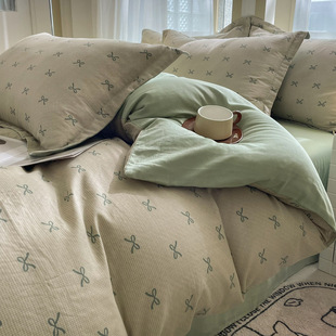 Small fresh cotton double-layer yarn quilt cover class a cotton bed quilt cover 100 cotton single dormitory bedding three-piece set