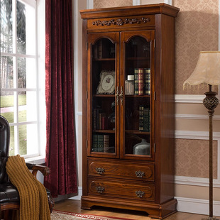 American Style Solid Wood Bookcase European Style Corner Boss Study Locker Combination Double Door Glass Bookcase Wine Cabinet Display Cabinet