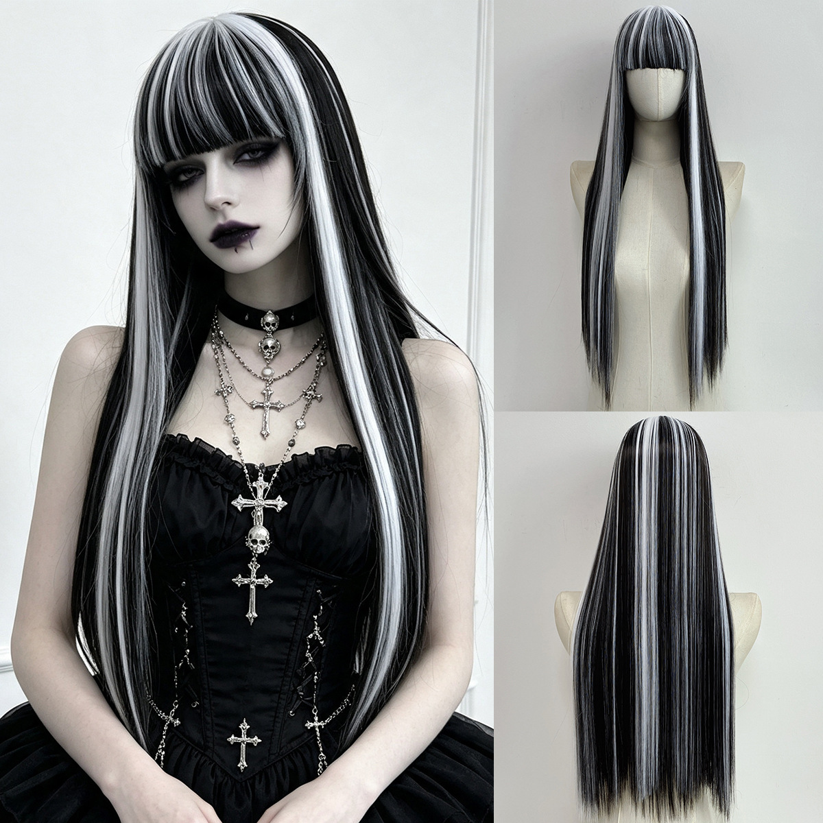 Halloween wig with black and white highlights, long straight hair, Chucky ghost bride dark style, full wig, AliExpress supply