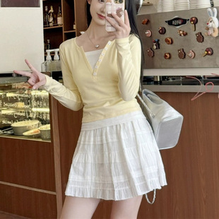 Spring Autumn Winter Women's New BM Style Spice Girls Pure Want Contrast Stitching Fake Two-piece V-neck Long Sleeve T-shirt Base Top