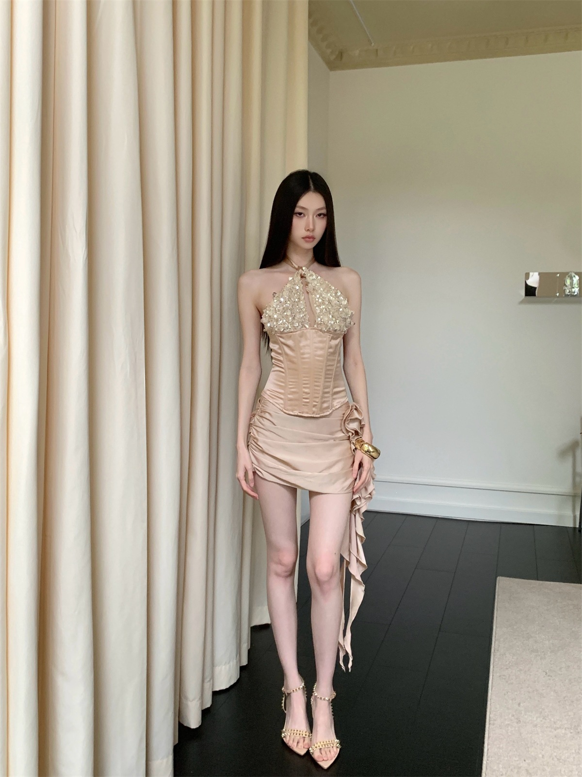 Apricot-Colored Slim-Fit Sequined Halter Neck Corset + Skirt Set