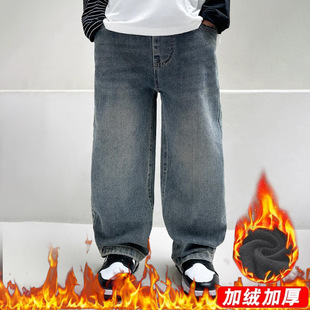 Children's Wear Boys fleece-lined Jeans Winter 2024 New Large Children's One-piece Cashmere Western Style Loose Straight Trendy Trousers