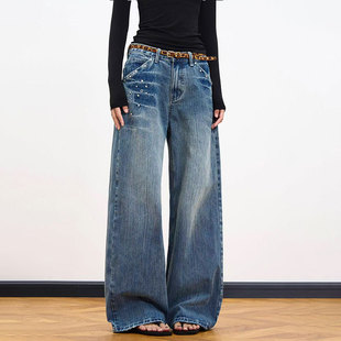 American Retro Rivet Washed Old Lightning Jeans Men's and Women's Loose Dipped Straight Trendy Long Pants