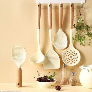 Nordic Ins Style Simple Wooden Handle Kitchenware suit Non-Scraping Pot Kitchen Tools Silicone Spatula Soup Spoon Rice Spoon 3 Piece Set