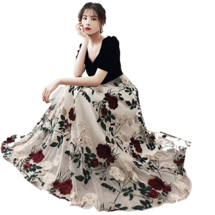 French Style Elegant Large Flower Embroidered Mesh A- Line Skirt Women's 2025 Early Spring New High Waist Slimming Large Swing Skirt