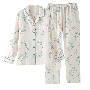 Green Bamboo Guofeng New Style Cotton Gauze Spring Autumn Summer Thin Gauze Women's Pajamas Lapel Long Sleeve Outer Wear Home Clothes