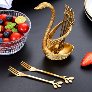 Creative stainless steel leaves fruit fork suit high color value golden Cygnus home dessert fork fruit sign wholesale