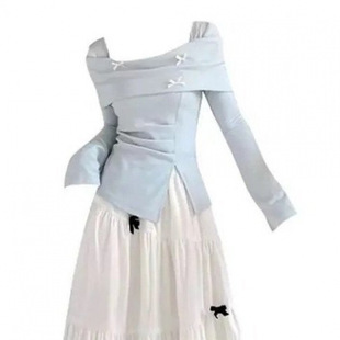French Style Gentle Style Bow Design Autumn Blue Split Long-sleeved Top High Waist Slim-fit Skirt suit