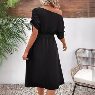 5081 in stock foreign trade goods source spring and summer women's elegant fashion solid color short sleeve dress