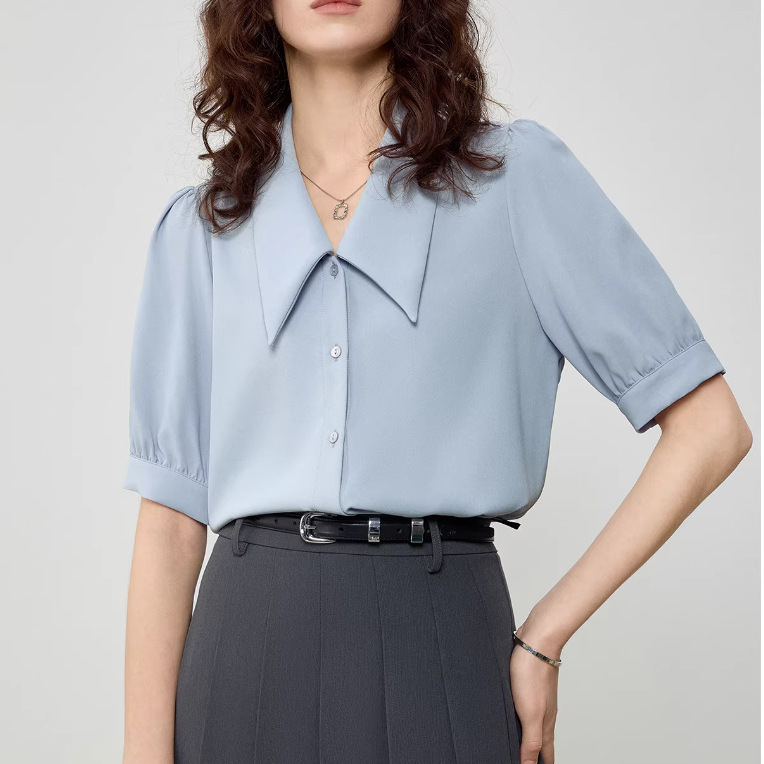 Blue Shirt for Women, Summer Niche French Casual Style, Pointed Collar, Short-Sleeved, Versatile Commuting Top, Chiffon Short-Sleeved