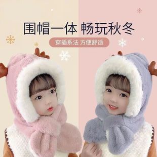 New Children's Winter Thickened Warm fleece-lined Cartoon Antlers Scarf All-in-One Ear Protectors for Boys and Girls