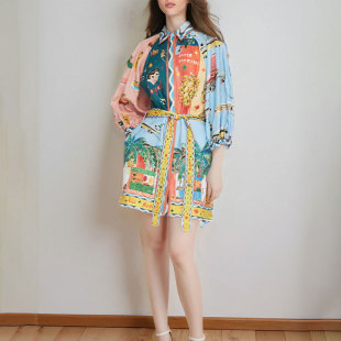 2025 cross-border Amazon European and American women's AliExpress flower printing lace-up short sleeve fashion European and American dress women