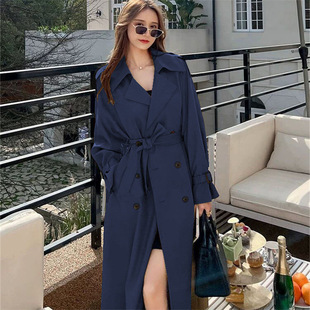 Women's Long Windbreaker 2025 Spring and Autumn Black Korean Style plus size Small Popular British Style Coat Over-the-knee Coat