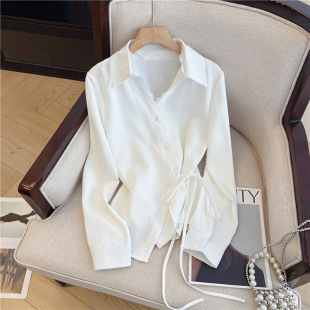 Cool High-end Lace Stitching Lapel Shirt New Pleated Thin Waist Commuter Top for Women's Early Autumn Gaozhi Wear