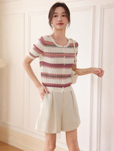 Color Striped Knit Sweater Hollow Round Neck Top Women's New Retro Loose Short Sleeve Cardigan Short Slim-fit All-match