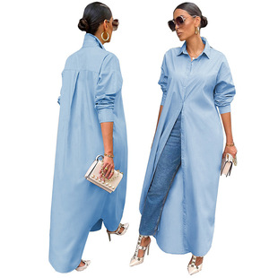 10077 European and American women's autumn and winter New Fashion casual solid color long shirt coat