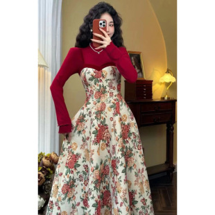 2024 Autumn and Winter Stunning Red Dress Long-sleeved Comfortable Base Shirt Suspenders Inside and Outside All-match Floral dress Women