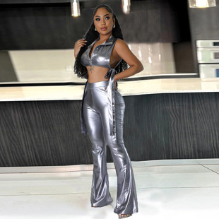 9762SD European and American cross-border new elastic leather sexy side exposed hollow vest high waist slim flared pants suit women