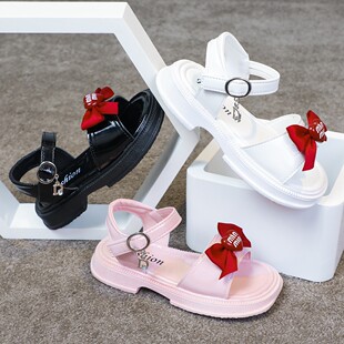 2025 Summer New Girls' Sandals All-match Fashion Casual Princess Shoes Big Children's Bow Student Beach Shoes