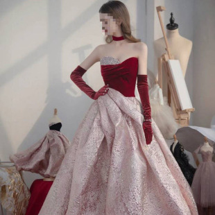 Bridal Toast Dress Gloves wine red Golden Velvet Women's Vintage Banquet Wedding Dress Photo Hand Sleeve Arm Sleeve Lengthened