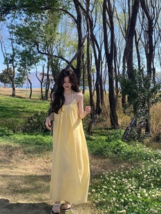 French Yellow Sling dress Women's Clothing Summer Seaside Vacation Wear Skirt Loose A- Line Skirt Long Skirt