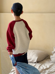 Children's Clothing 2025 Spring New Contrast Raglan Sleeve Sweat Loose Crewneck Top Korean Style Splicing Letter Base Trendy