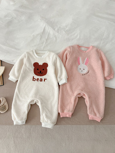 Baby 2023 Winter boys and girls cartoon bear one-piece romper bunny fleece-lined super cute warm long romper