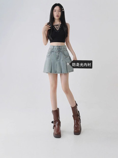 Vintage High Waist Pleated Denim Skirt Women's 2025 Summer New Anti-glare Pear-shaped Body Slimming A- line Short Skirt