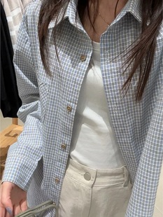 American Retro Blue Plaid Shirt for Women 2025 Spring New Loose Long-Sleeved Shirt Top