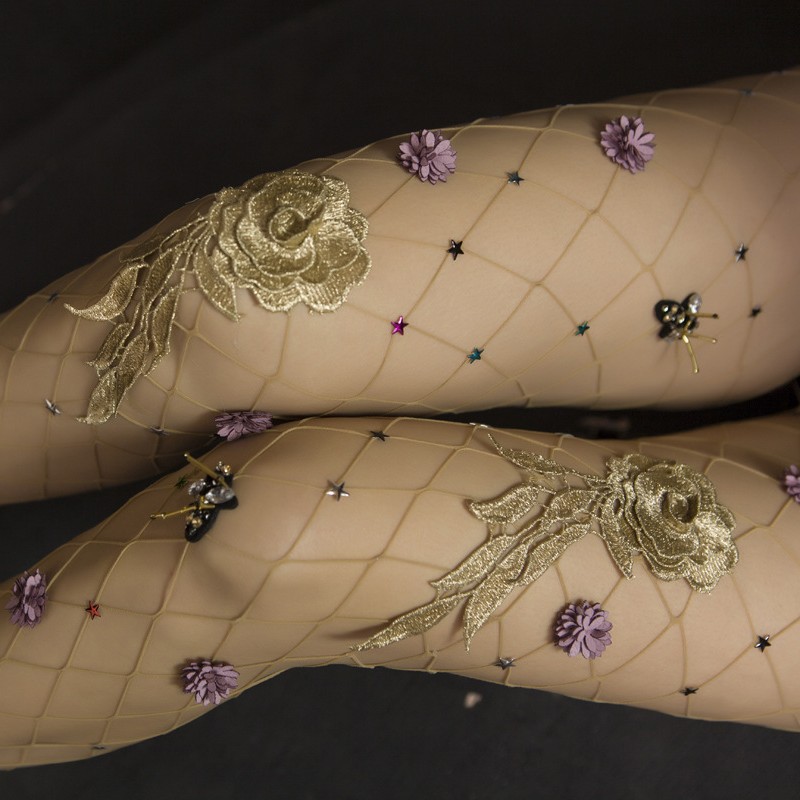 European and American Style Sexy Rhinestone Handmade Floral Fishnet Stockings, Large and Small Mesh Pantyhose, Women's Stockings