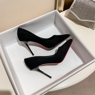 Pointed high heels women's stiletto heel sexy Net red black suede 2023 New interview professional shoes elegant socialite