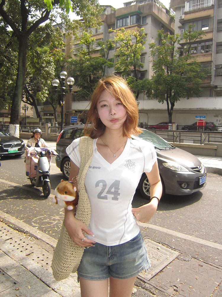 [40 Count Imitation Cotton] Topstitch V Neck Jersey Short Sleeve Right Shoulder Women's T-Shirt Slim Short Hot Girl Top White