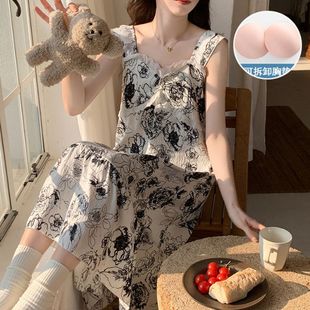Cross-border Daifa Summer New Style Nightdress Women's Cloud Cotton Belt Chest Pad Fertilizer plus size Mid-length Outwear Home Clothes