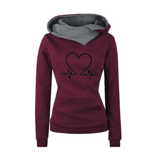 2023 autumn and winter cross-border Women's sweater casual hooded slim top printed love fleece-lined pullover sweater
