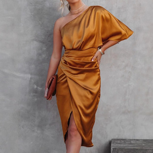 Cross-border independent station Amazon new women's sexy unilateral sleeve rose segment irregular skirt dress evening dress