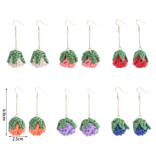 Bohemian Holiday Style Handmade Woven Rafi Grass Three-Dimensional Rose Long Elegant Earrings Fashion Earrings